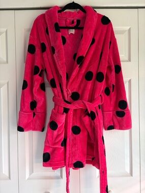 Pink! Hot Pink Plush Robe with Black Polka Dots